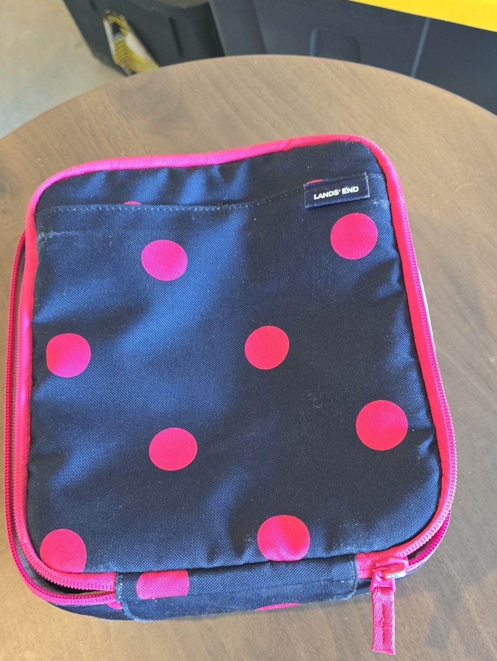 Lands' End Black Lunch Bag with Hot Pink Polka Dots
